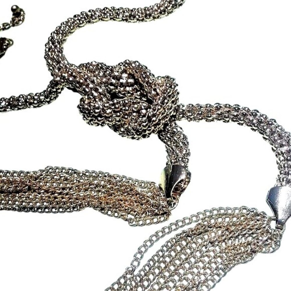 Lariat Style Woven Chain Necklace Tassels Gold tone Vintage 80"s